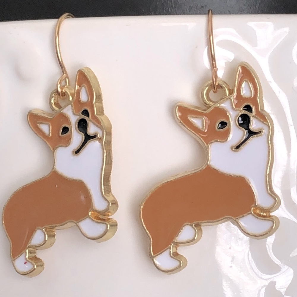 New Corgi Puppy Dog Dangling Enamel Hand Crafted Earrings Light Brown Animal Pet